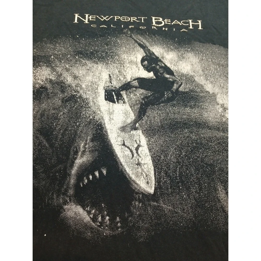 VINTAGE Black Newport Beach Shirt Adult XXL Surfer Shark California 90s
